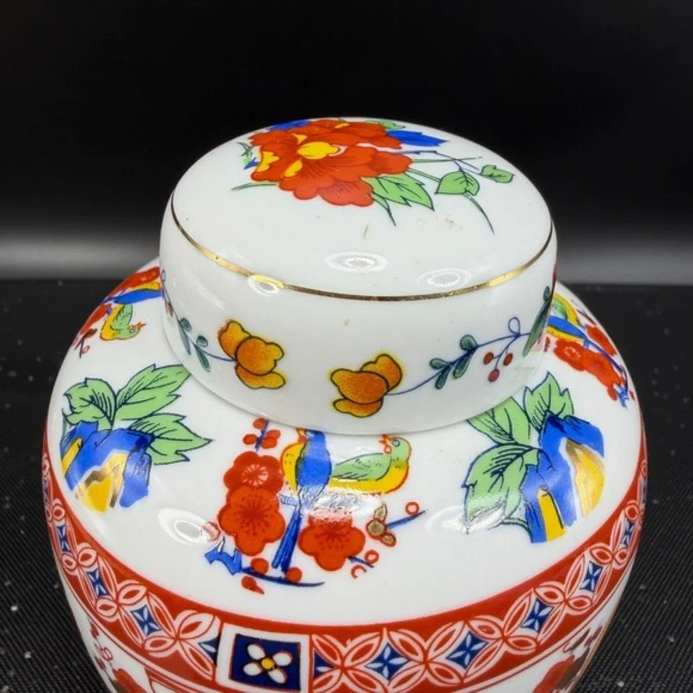 Vintage Porcelain Ginger Jar Floral Bird‎ Chinoiserie Lidded Vase Gilt 5 Inch